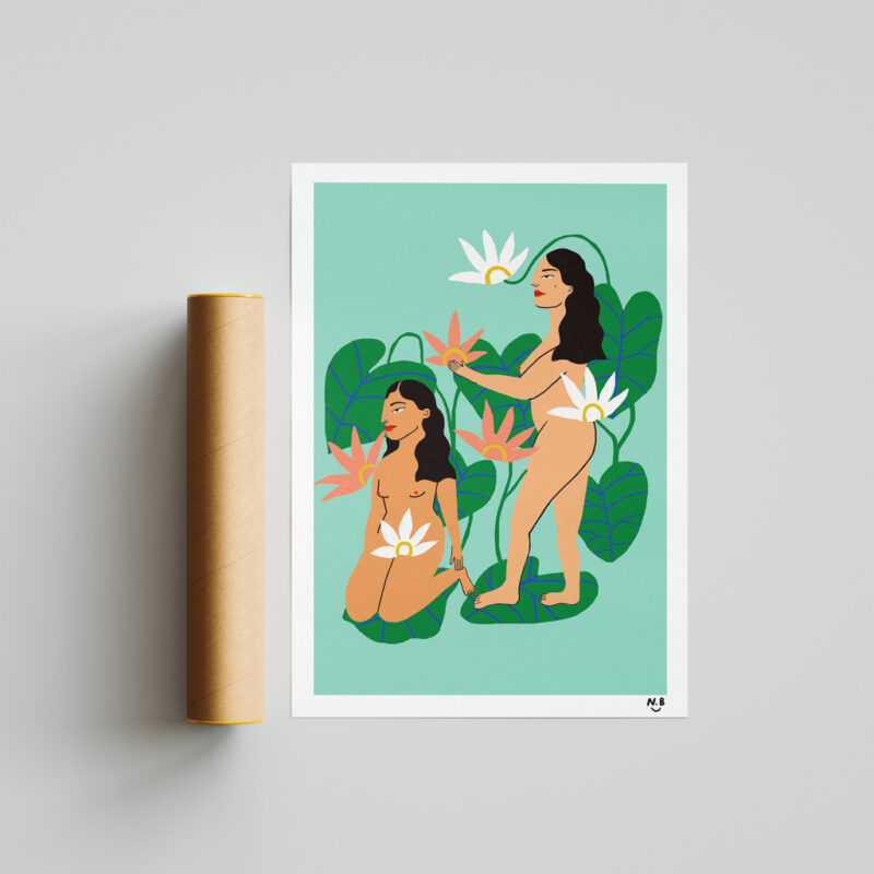Lotus Ladies Art Print portray two ladies nude with lotus flowers