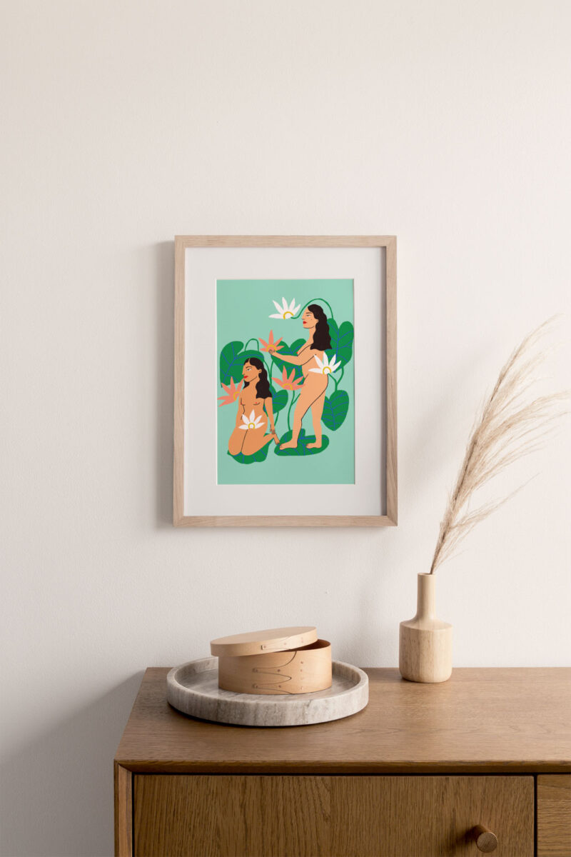 Lotus Ladies Art Print portray two ladies nude with lotus flowers