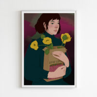 Love Coco art print portrays the Girl holding the paper bag full of flowers