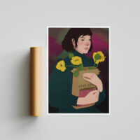 Love Coco art print portrays the Girl holding the paper bag full of flowers