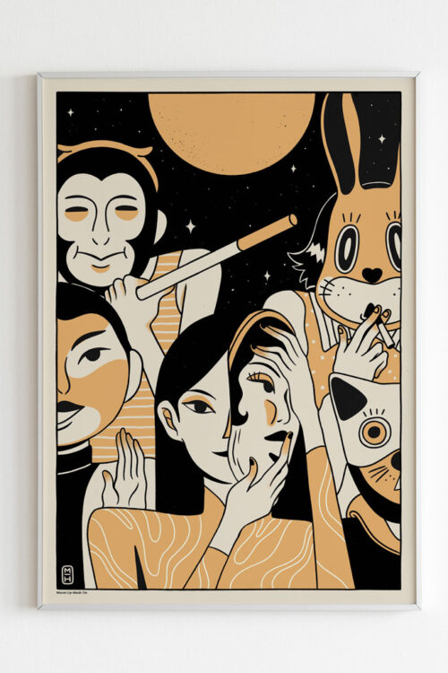 Moon Up Mask On art print portrays children wearing masks during mid-autumn festival