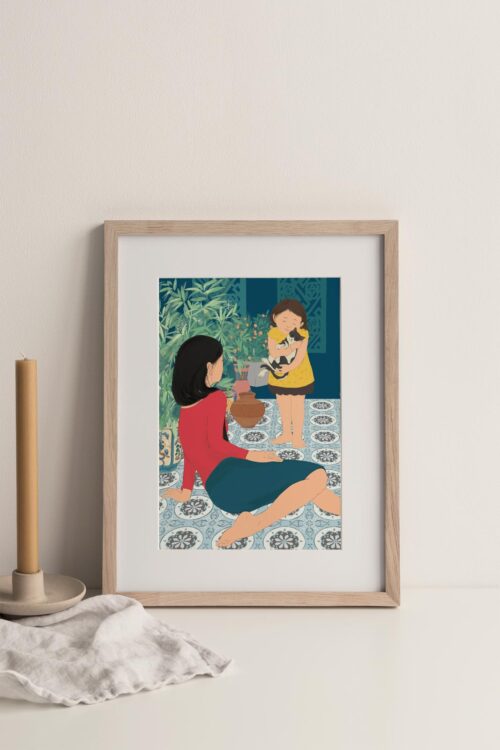 Nostalgic Home art print portrays two sisters enjoying their time at home