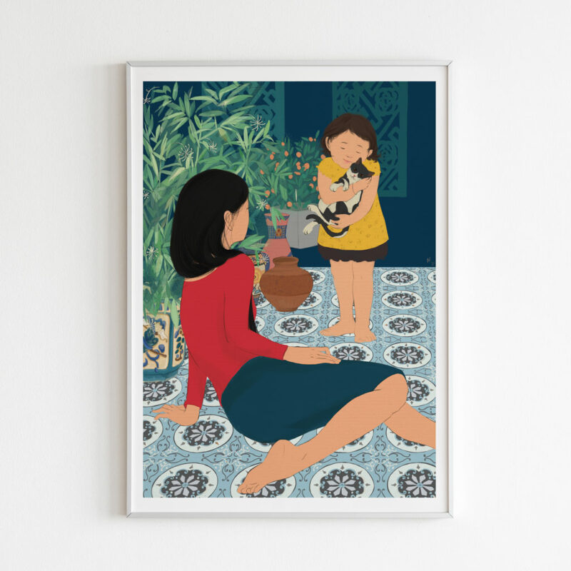 Nostalgic Home art print portrays two sisters enjoying their time at home