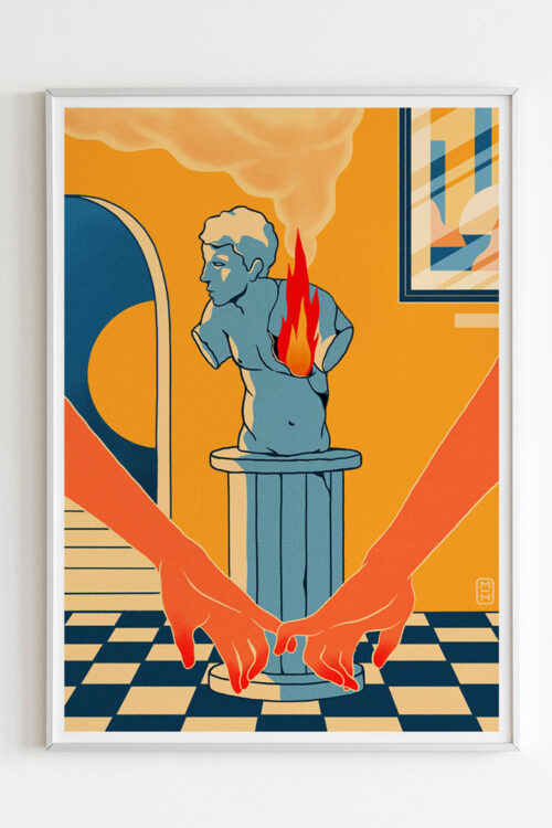 Fire On Art Print portrays couples gazing at a sculpture