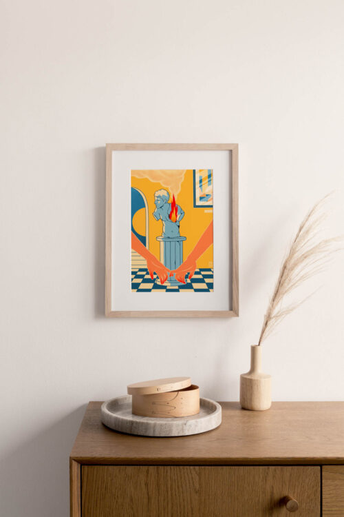 Fire On Art Print portrays couples gazing at a sculpture