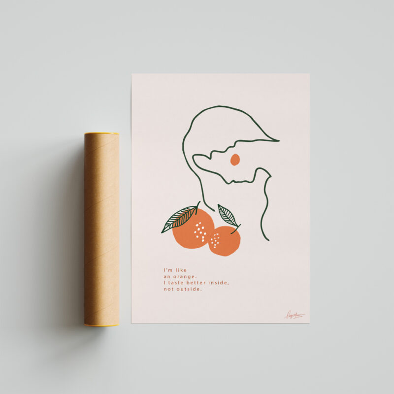 Orange Art Print portrays a women with an apple