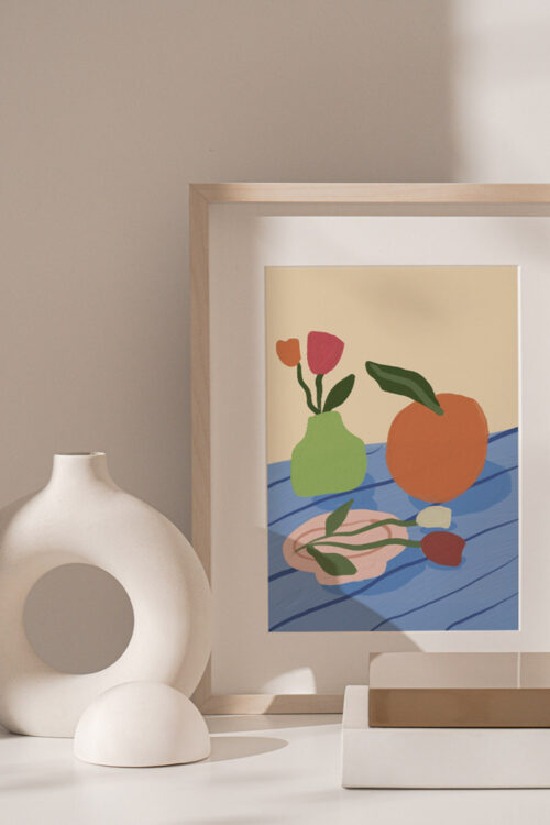 Poetry art print portrays a still life drawing of the flower and orange.