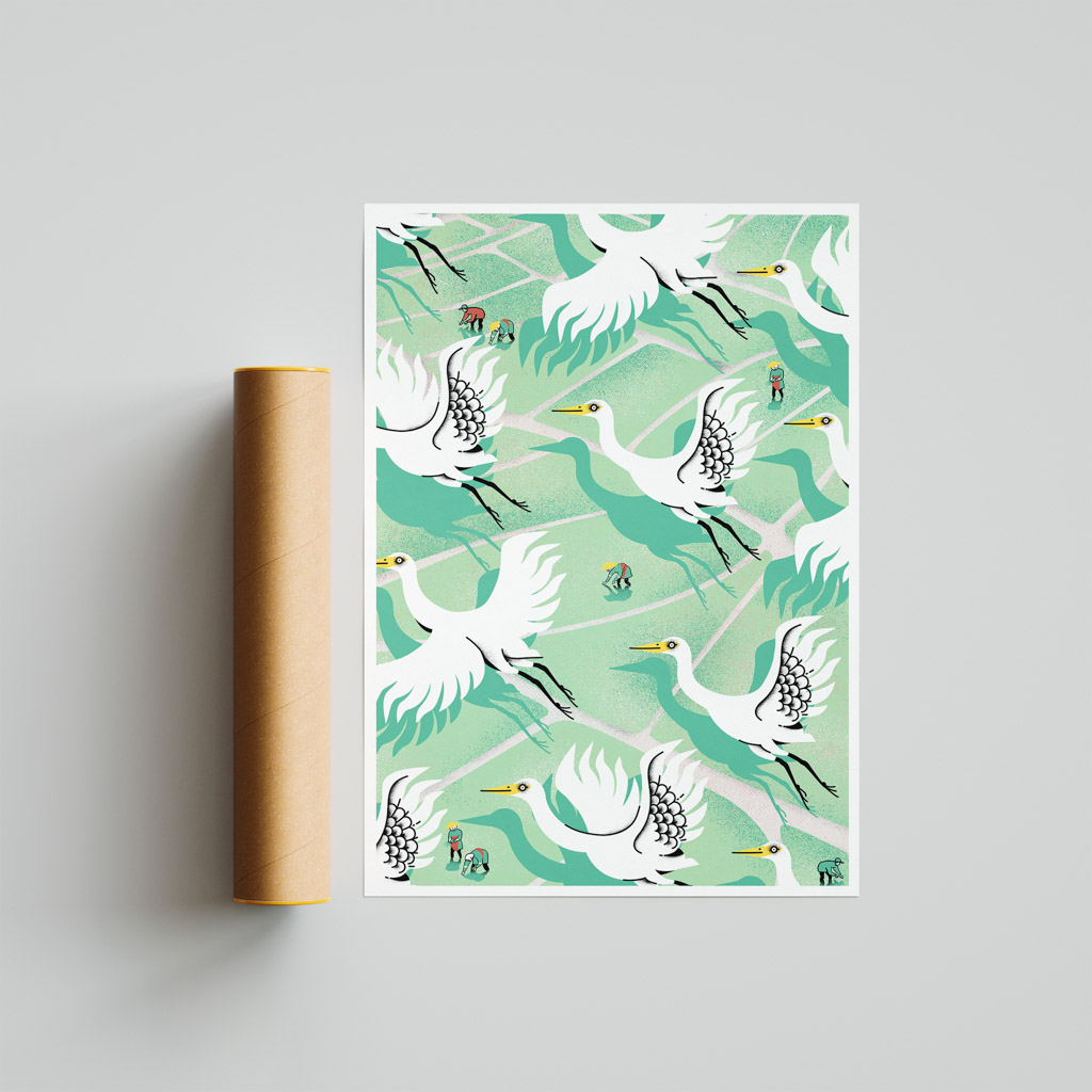 Rice Harvest Season Art Print portrays celebrates the hardworking rice farmers of Vietnam with the cranes in the forefront symbolize