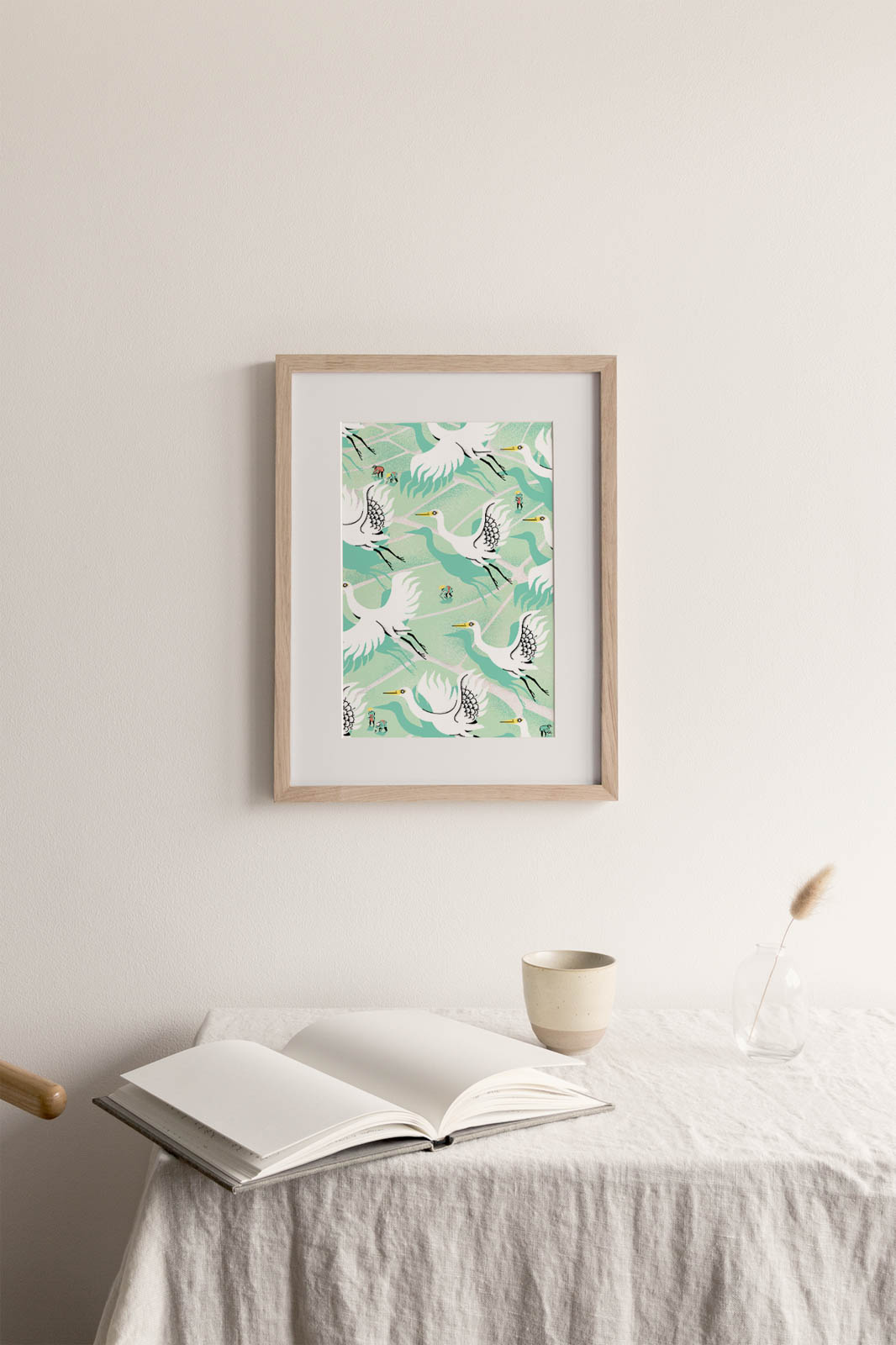 Rice Harvest Season Art Print portrays celebrates the hardworking rice farmers of Vietnam with the cranes in the forefront symbolize