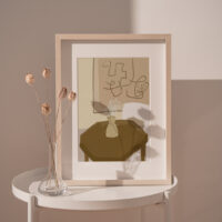 Room Art Print portrays a cozy room with a pot of flowers and the painting hanging