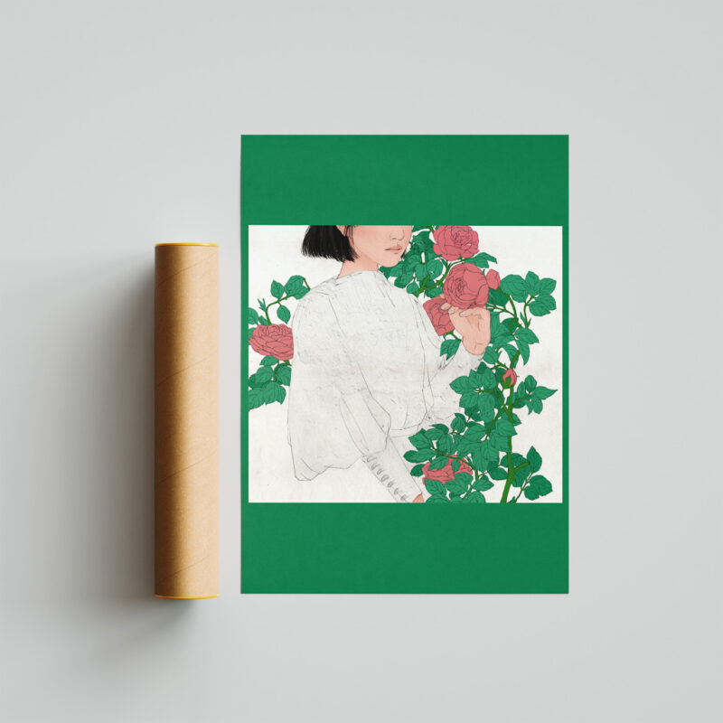 Rose Girl art print portrays the girl standing next to rose bush