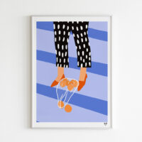 Shop 'til You Drop Art Print portrays a girl who drops a bag full of oranges
