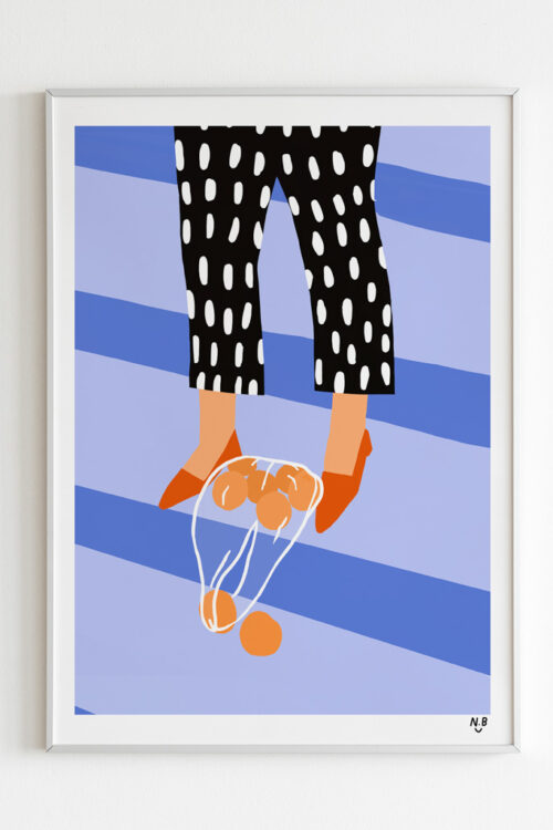 Shop 'til You Drop Art Print portrays a girl who drops a bag full of oranges