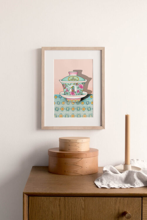 Singaporean Gaiwan Art Print portrays iconic Marina Bay Sands, Merlion and peonies which represent good wealth and luck.