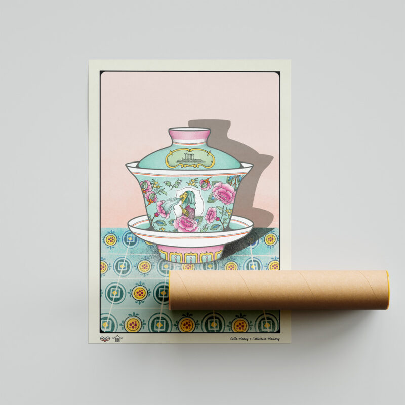Singaporean Gaiwan Art Print portrays iconic Marina Bay Sands, Merlion and peonies which represent good wealth and luck.