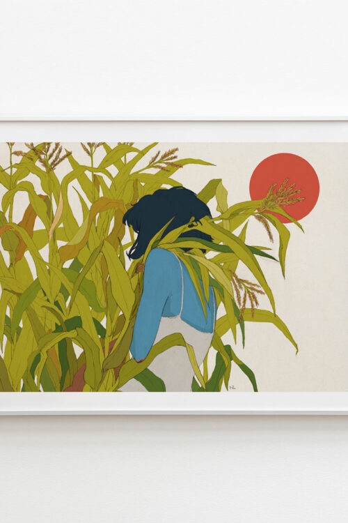 Spring art print portrays the girl hiding behind the leaf under the sun