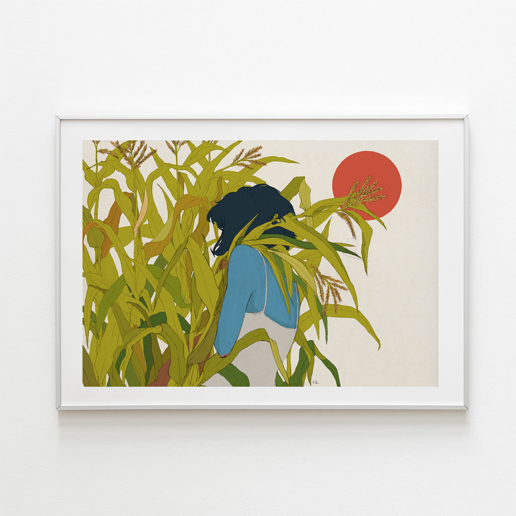 Spring art print portrays the girl hiding behind the leaf under the sun