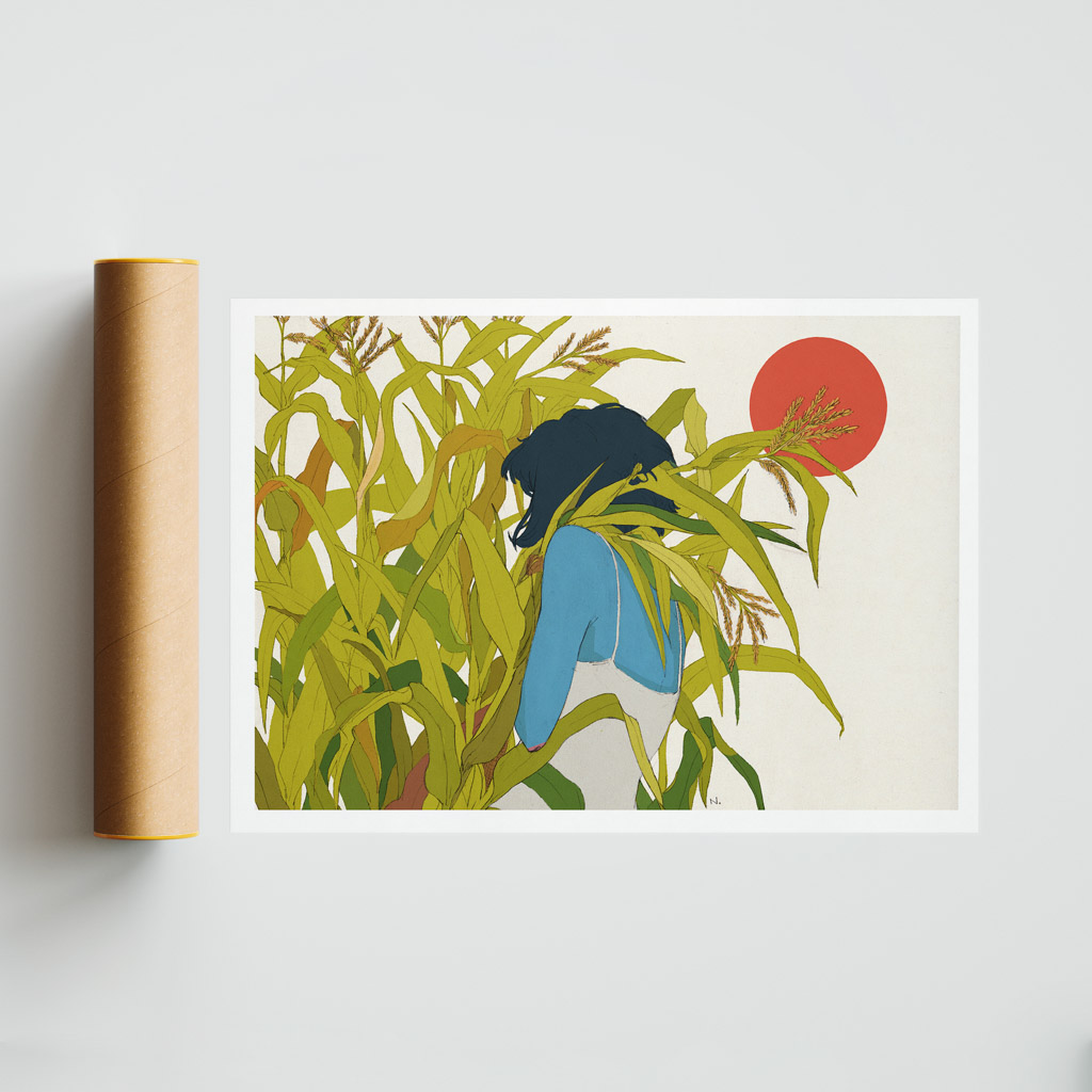 Spring art print portrays the girl hiding behind the leaf under the sun