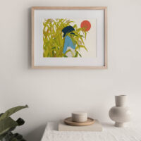 Spring art print portrays the girl hiding behind the leaf under the sun