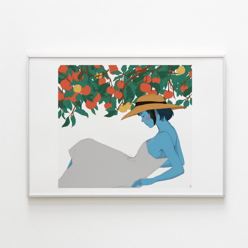 Summer Garden art print portrays the girl lying next to the orange tree
