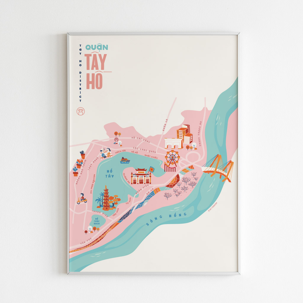 Tay Ho District Illustrated Map portrays iconic landmarks around Tay Ho: Ciputra Hanoi, Ho Tay Water Park, West Lake, Tran Quoc Pagoda, Truc Bach Lake, Quan Thanh Temple, Phu Tay Ho, Hanoi Ceramic Mosaic Mural, Quang Ba Flower Market