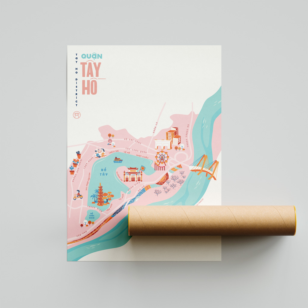 Tay Ho District Illustrated Map portrays iconic landmarks around Tay Ho: Ciputra Hanoi, Ho Tay Water Park, West Lake, Tran Quoc Pagoda, Truc Bach Lake, Quan Thanh Temple, Phu Tay Ho, Hanoi Ceramic Mosaic Mural, Quang Ba Flower Market