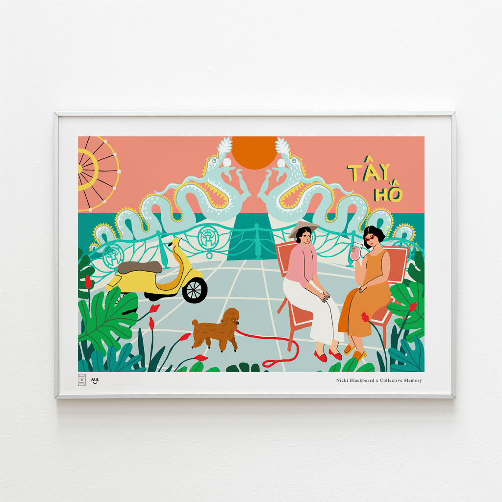 Tay Ho Double Dragons Art Print portrays two girls having a cocktail and chillin by the iconic Tay Ho Double Dragons