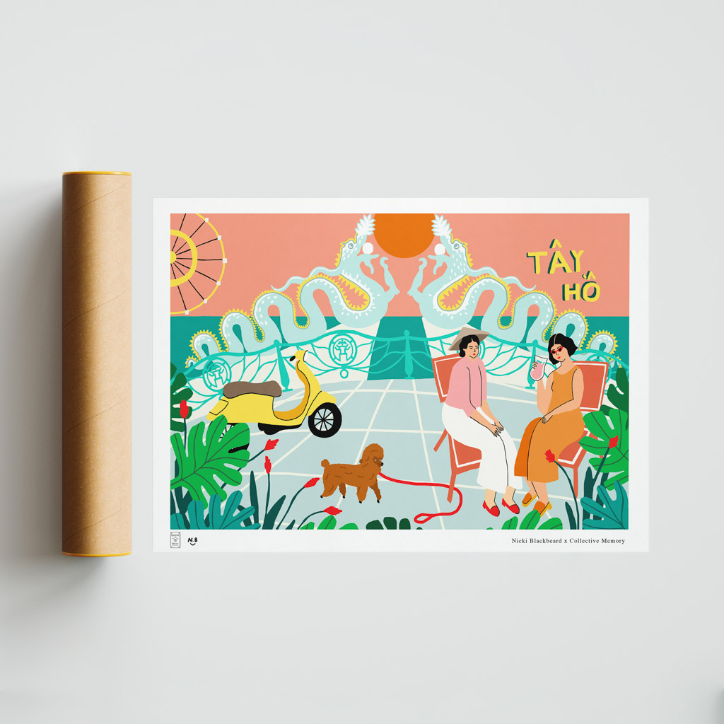 Tay Ho Double Dragons Art Print portrays two girls having a cocktail and chillin by the iconic Tay Ho Double Dragons