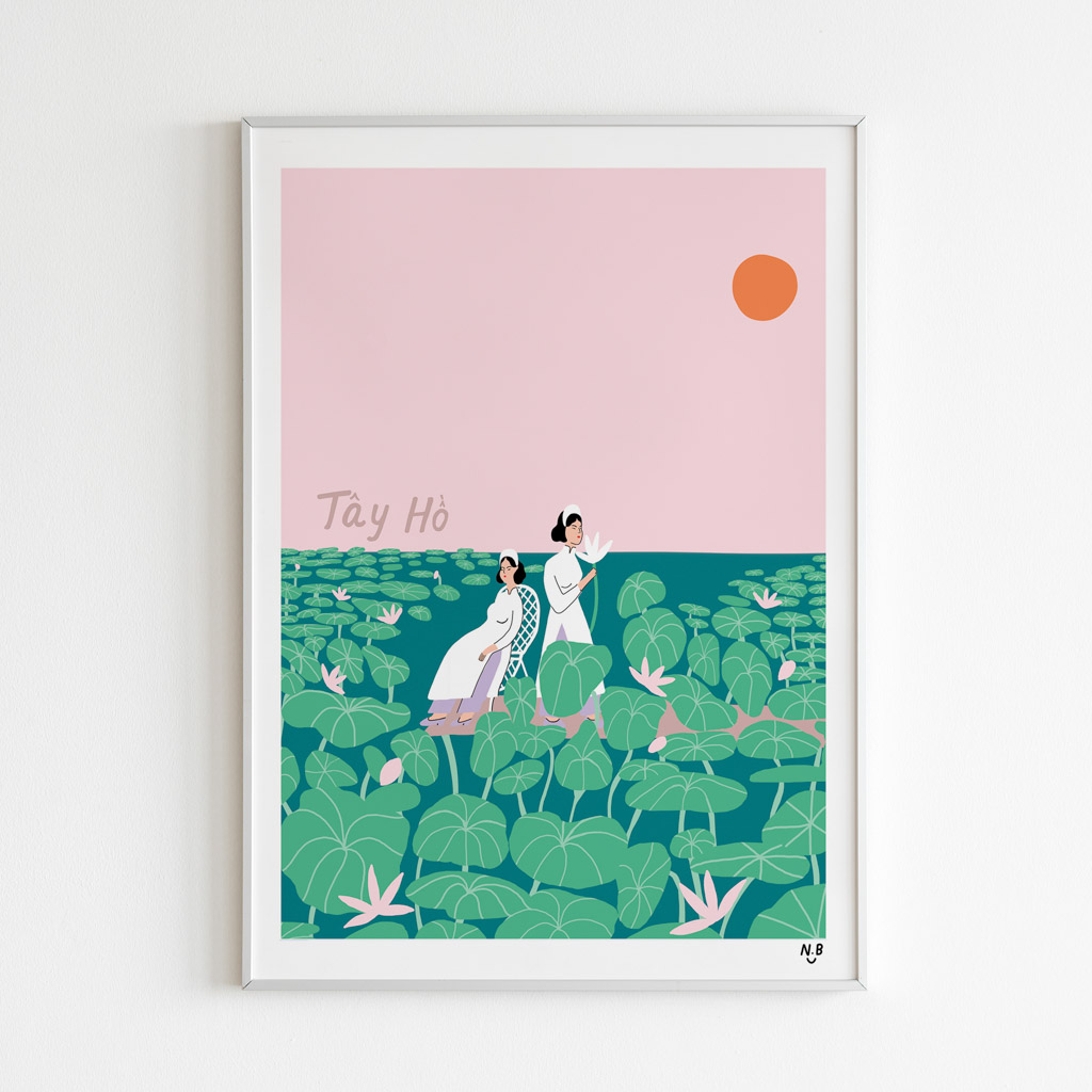 Tay Ho Lotus Pond Art Print portrays two girls in a lotus pond