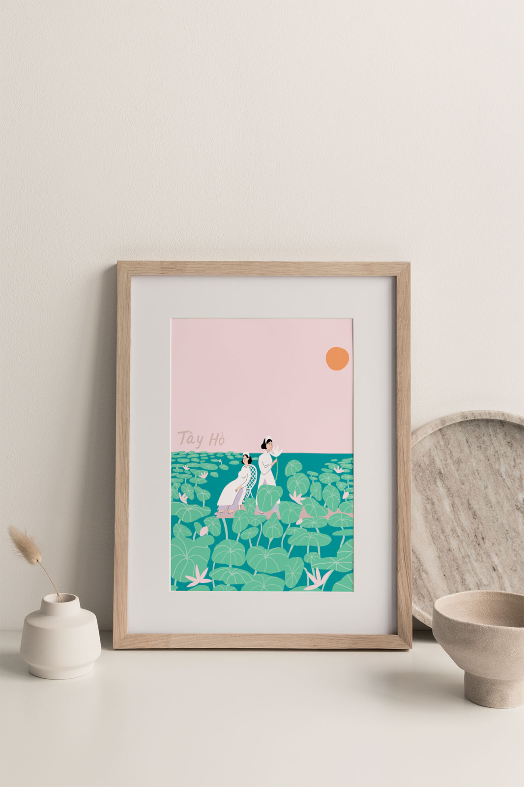 Tay Ho Lotus Pond Art Print portrays two girls in a lotus pond