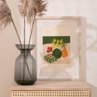 Tet Ceremony art print portrays a set of fruit tray include sticky rice cake, watermelon and flower
