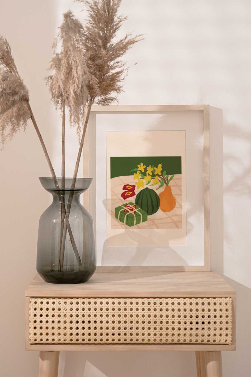 Tet Ceremony art print portrays a set of fruit tray include sticky rice cake, watermelon and flower