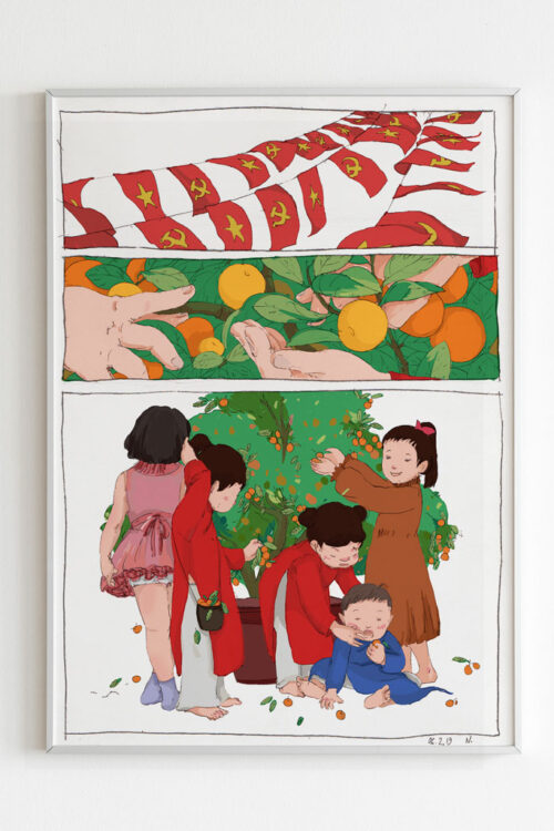 Tet Ceremony art print portrays the kids play around the kumquat tree, in traditional Vietnamese New Year or Tet