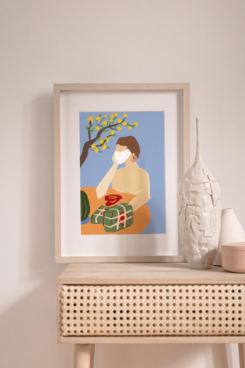 Tet Time art print portrays a women wearing a mask prepaid food for Tet