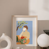 Tet Time art print portrays a women wearing a mask prepaid food for Tet