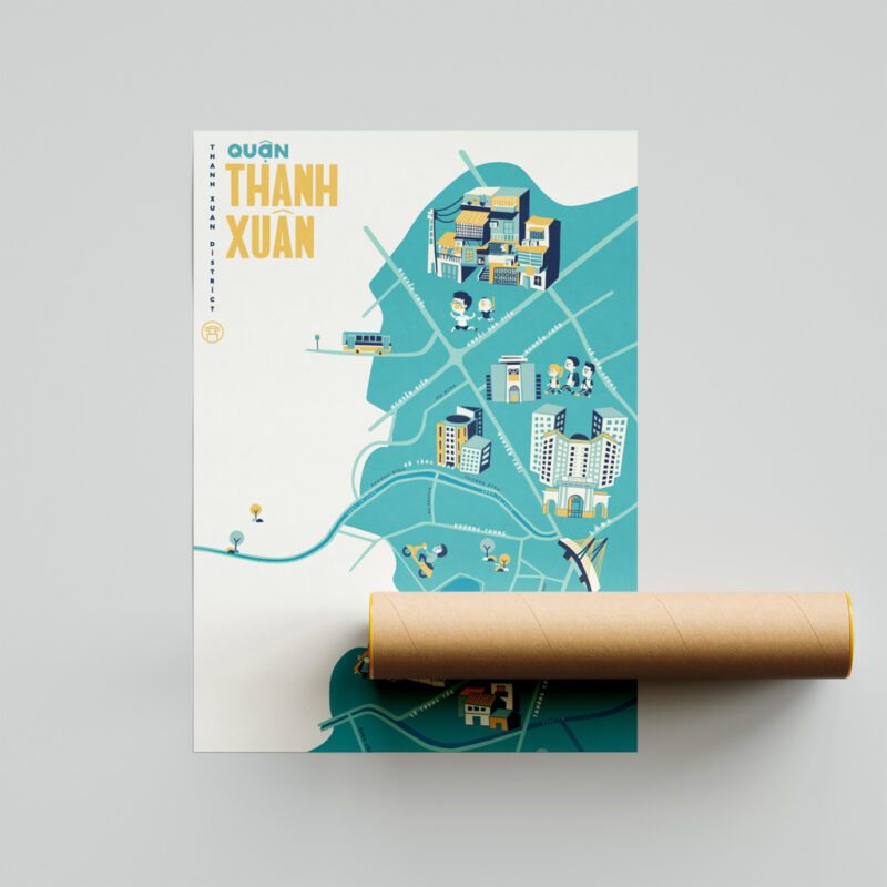 Thanh Xuan District Illustrated Map portrays iconic landmarks around Thanh Xuan