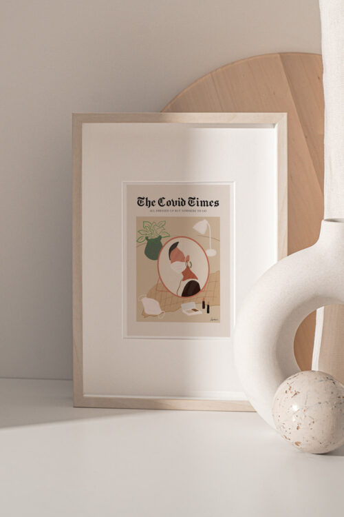 The Covid Times art print portrays a girl wearing a mask during a pandemic times (covid-19), with meaning no need to makeup