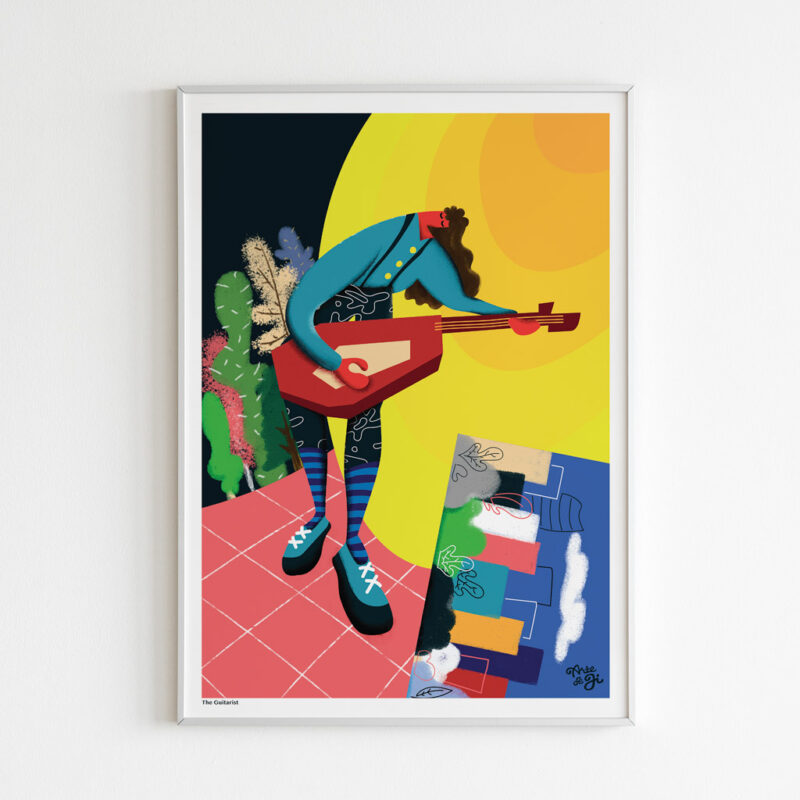 The Guitarist Art Print portrays a men playing guitar