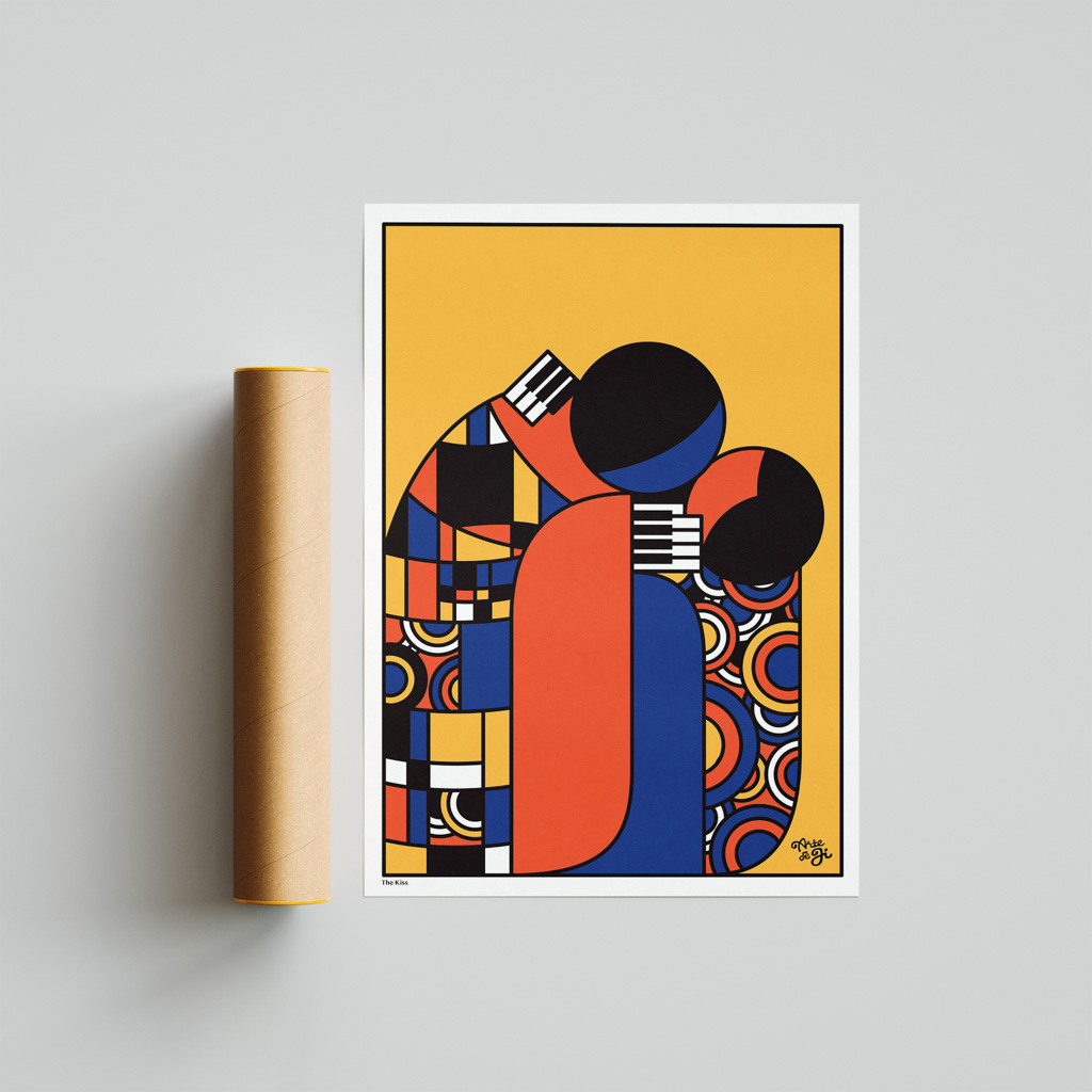 The Kiss Art Print reinterpreting the iconic paintings such as The Kiss by Gustav Klimpt