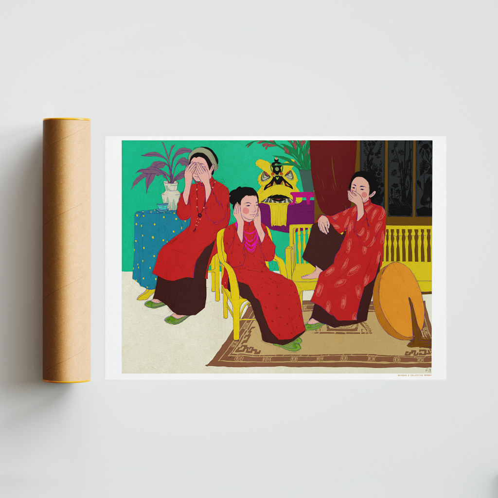Three wise Women art print portrays The North Vietnamese women in traditional ‘ao dai’ using the concept of Three Wise Monkeys