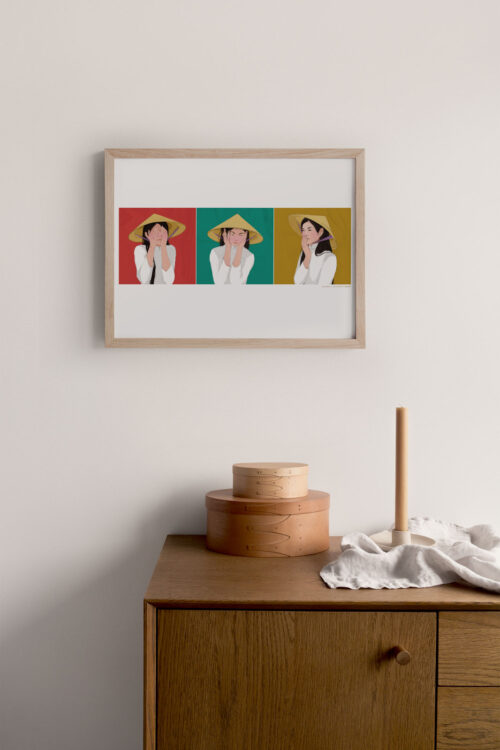 Three Wise Women art print portrays Three Vietnamese women in traditional ‘ao dai’ using the concept of Three Wise Monkeys