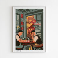 Train Street Cafe View Art Print portrays two men playing chess at a cafe by the train track