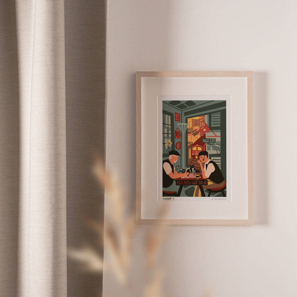 Train Street Cafe View Art Print portrays two men playing chess at a cafe by the train track