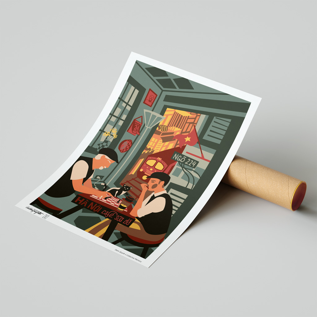 Train Street Cafe View Art Print portrays two men playing chess at a cafe by the train track