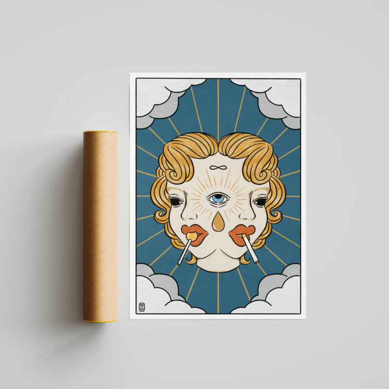 Transition Art Print portrays one girl munching on lollipop and another smoking
