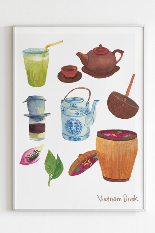 Vietnam drink art print portrays popular Vietnamese drinks including phin coffee, tea pot, iced tea