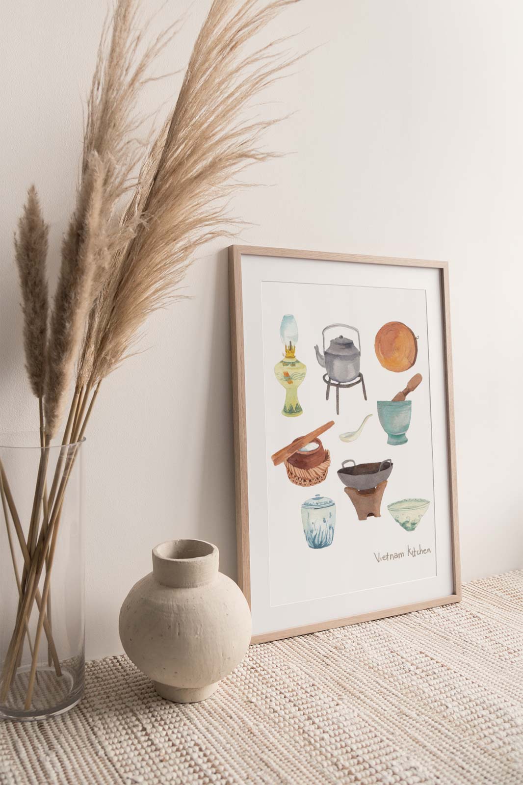Vietnam Kitchen art print portrays popular Vietnamese kitchen utensils including bowls, chopsticks, oil lamps and chopping boards