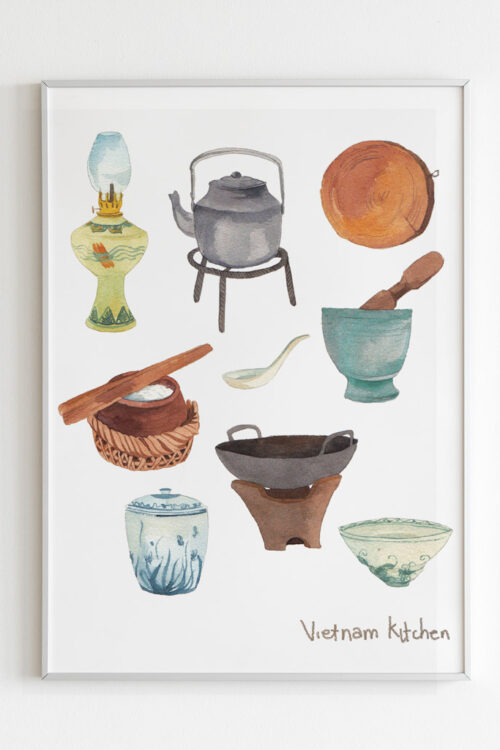Vietnam Kitchen art print portrays popular Vietnamese kitchen utensils including bowls, chopsticks, oil lamps and chopping boards