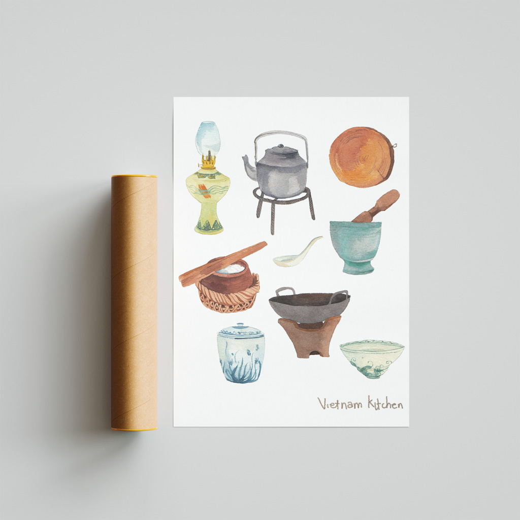 Vietnam Kitchen art print portrays popular Vietnamese kitchen utensils including bowls, chopsticks, oil lamps and chopping boards