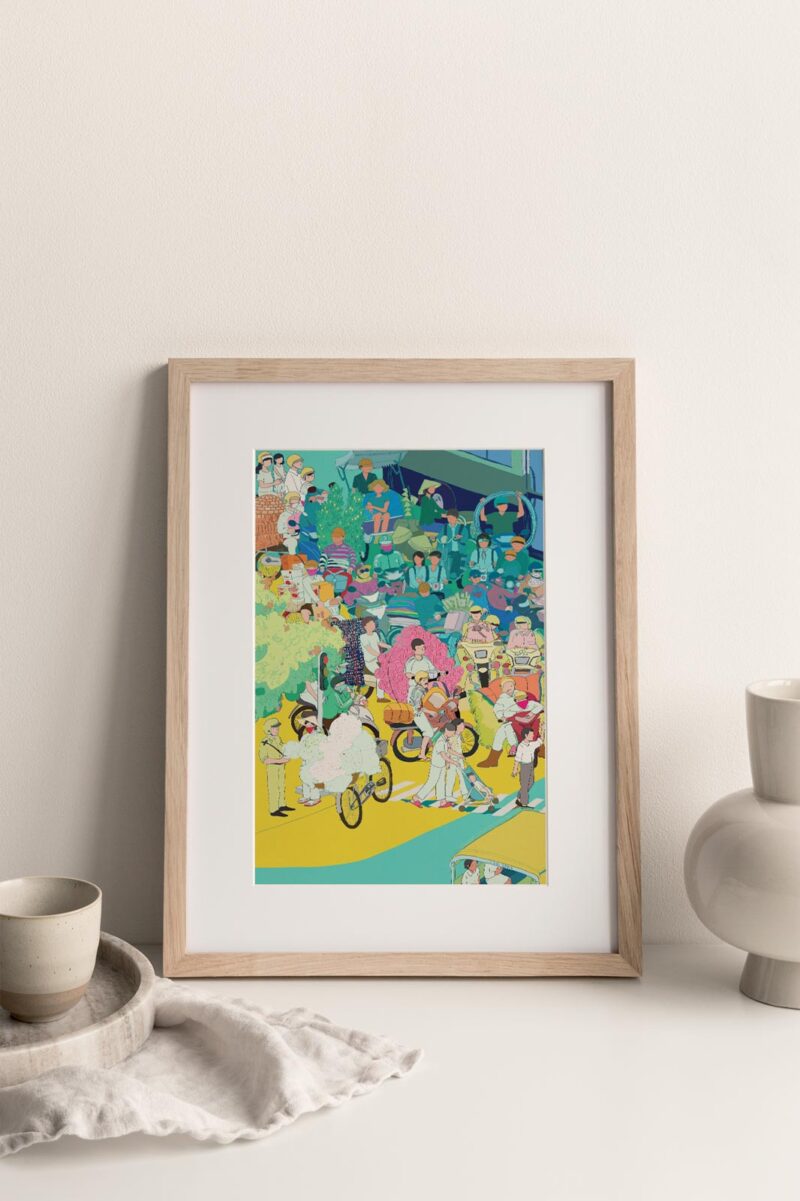 Vietnam Traffic Organize Chaos Art Print captures the crazy Vietnamese traffic full of motorbikes, cars, bicycles and cyclos